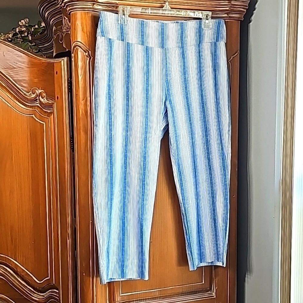 ZAC & RACHEL Stretch pants. Blue and white striped‎ over knee length. Size 12.